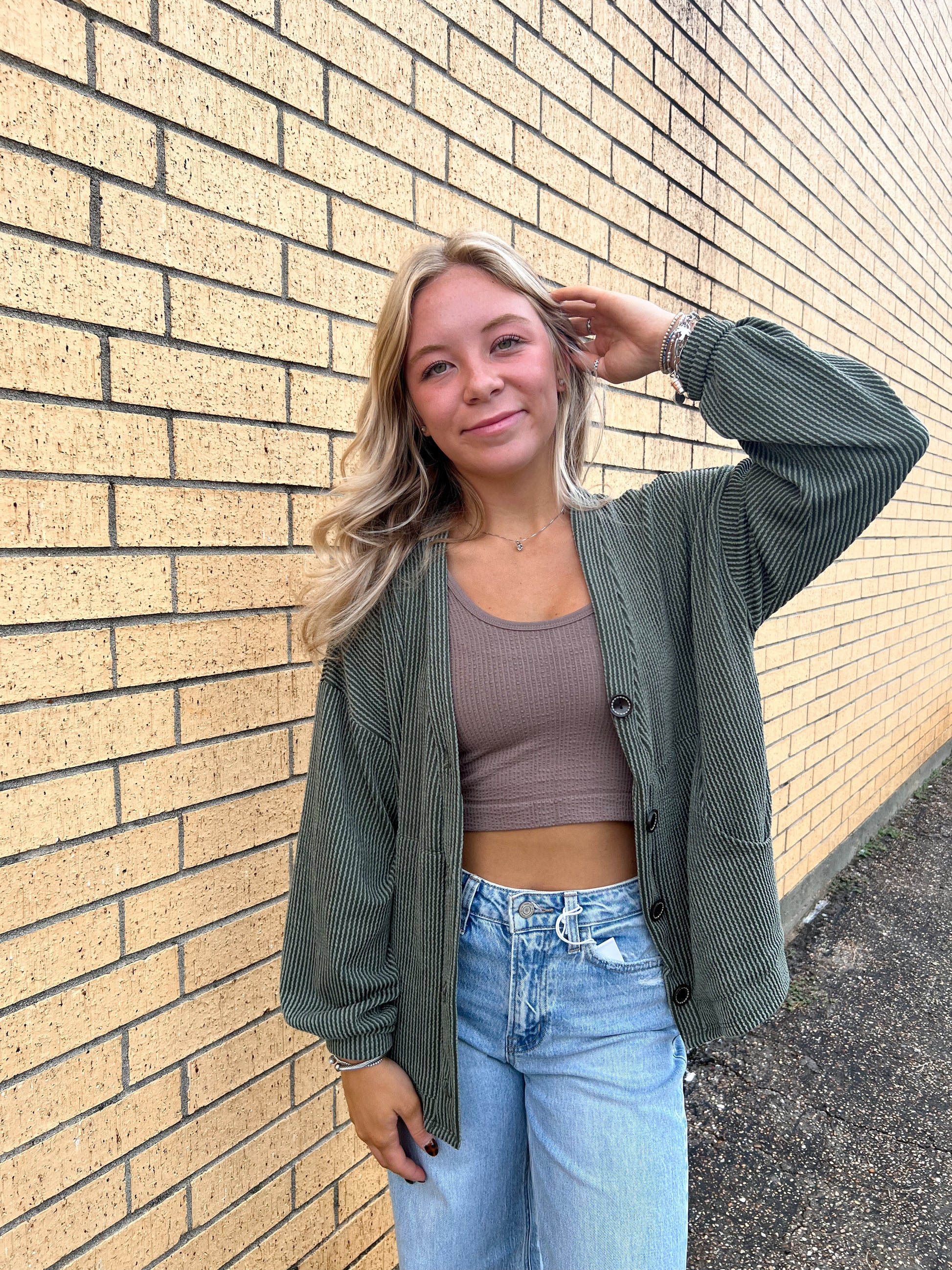 Kate Solid Rib Drop Shoulder Button Balloon Sleeve Cardigan - Olive-7th Ray-BIN A2,FD 09/22/25-The Twisted Chandelier