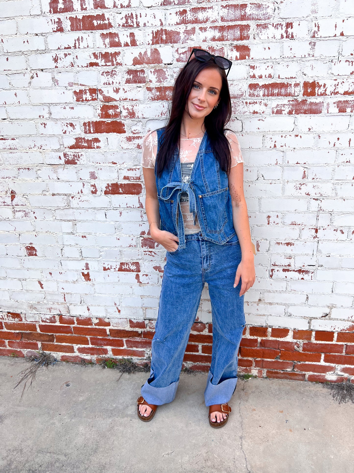 Kassie Denim Front Tie Vest-vest-Listicle-1st md 6/11,Bin B5,CR 05/10/25,OGP 54.95,Tops Collection-The Twisted Chandelier