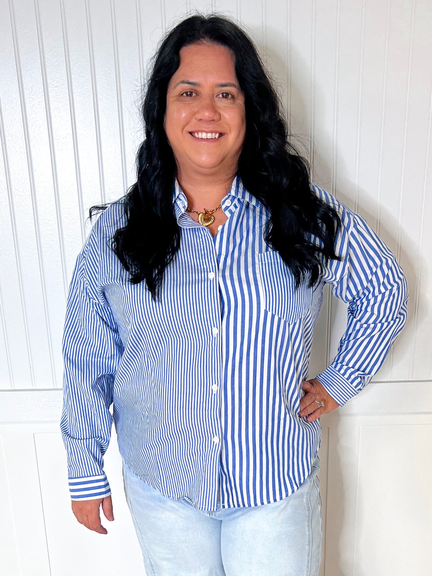 Marie Striped Oversized Comfy Shirt-VERY J-BIN A 3,FD 7/01/25,Tops Collection-The Twisted Chandelier