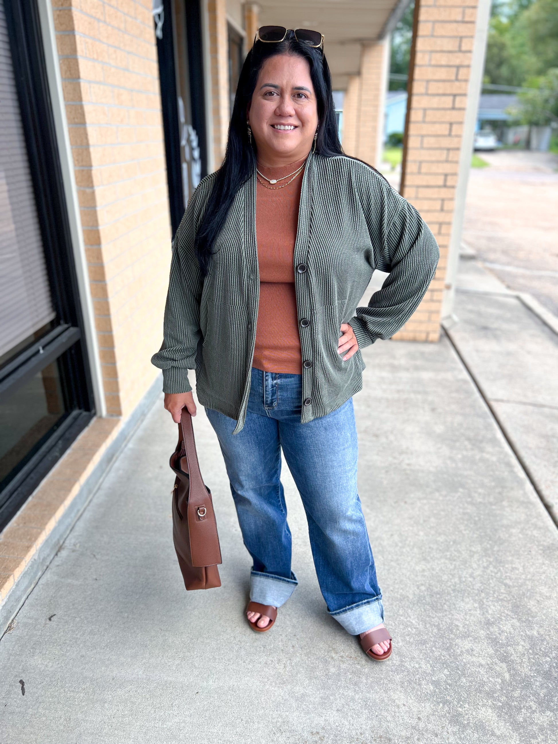 Kate Solid Rib Drop Shoulder Button Balloon Sleeve Cardigan - Olive-7th Ray-BIN A2,FD 09/22/25-The Twisted Chandelier