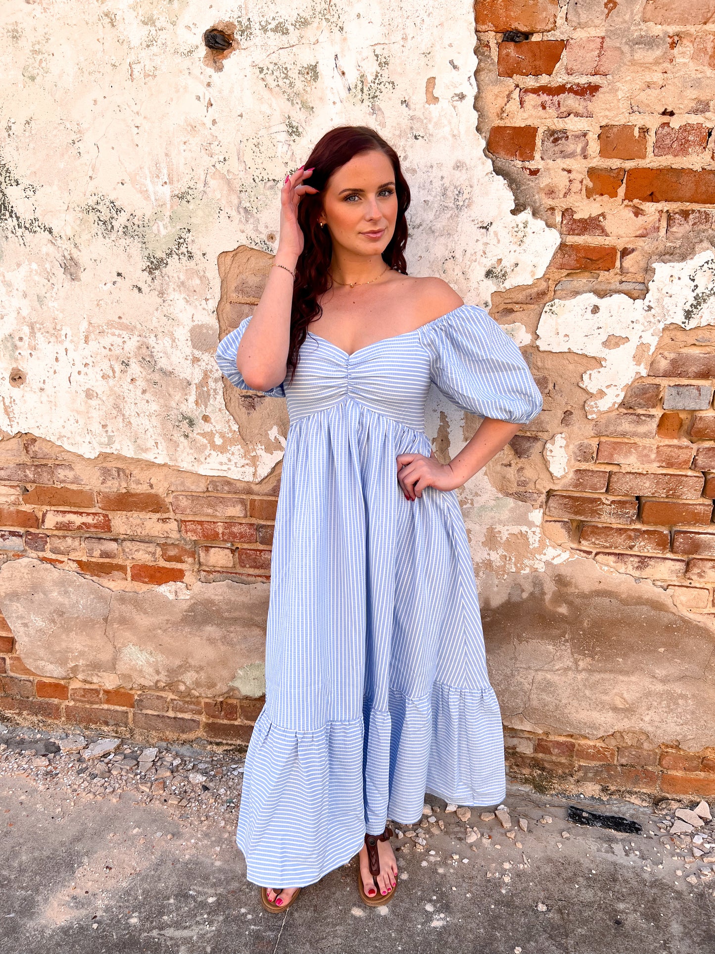 Emily Sweetheart Neck Striped Midi Dress With Smocked Back - Blue-Midi Dress-in february-08/13/25,10/04/25,Bin D1,DJR,FD 06/17/25,OGP 69.99-The Twisted Chandelier
