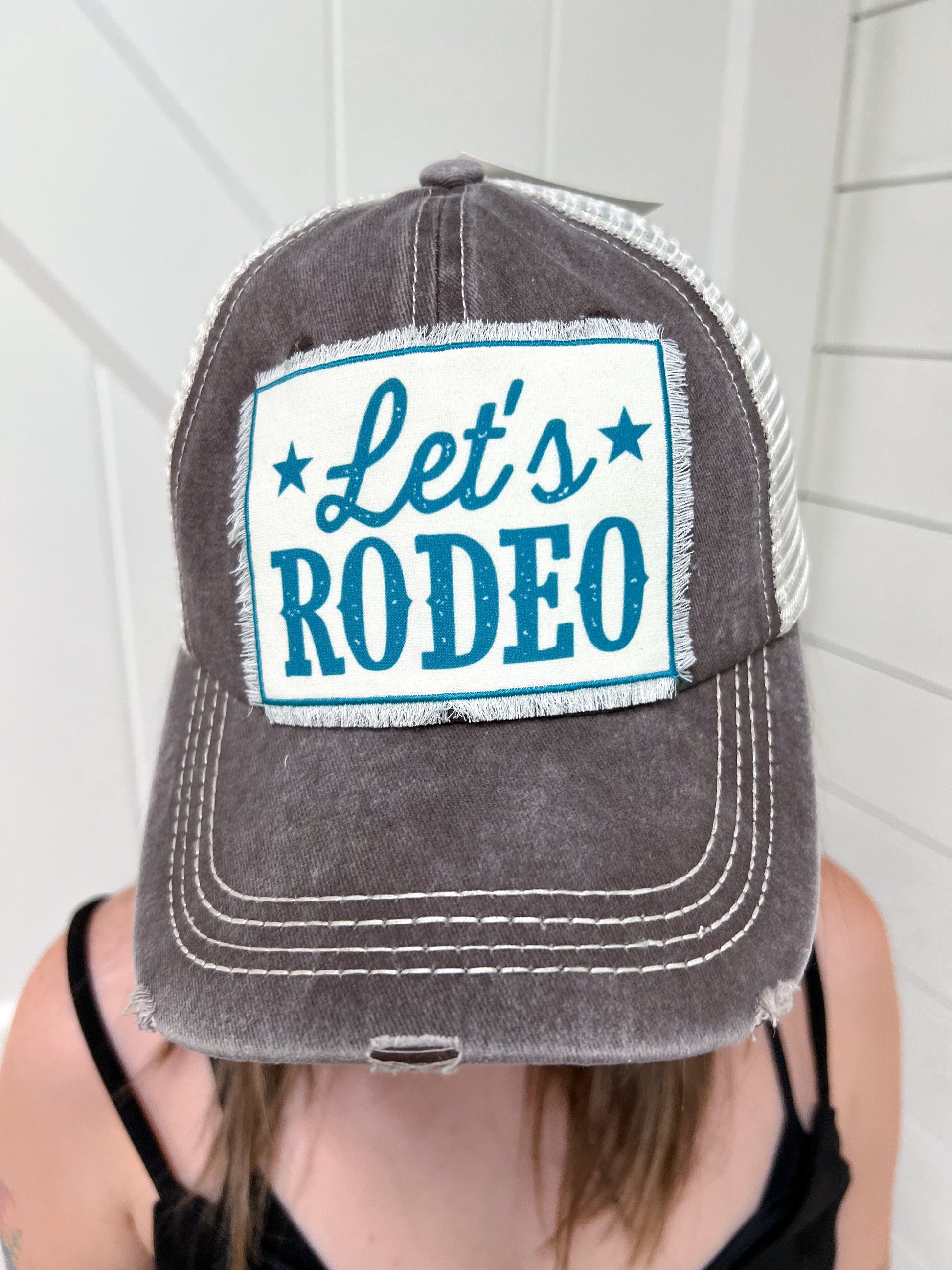 Let's Rodeo Patch on Distressed Hat-Hat-Southern Grace Wholesale-04/21/25,1st md,OGP 24.99-The Twisted Chandelier