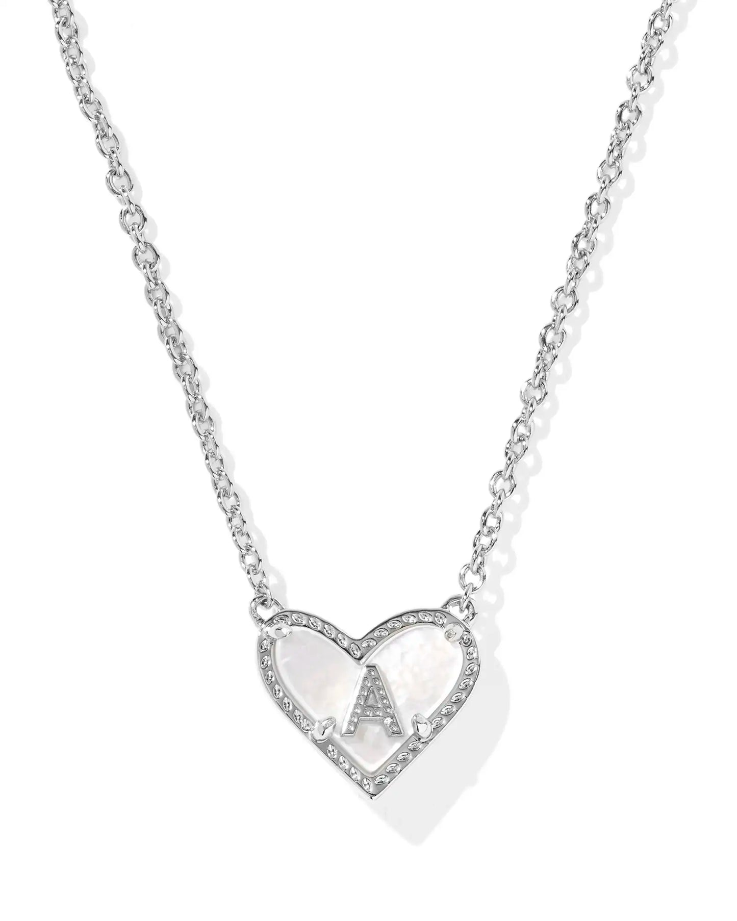 Kendra Scott Heart Letter A Short Pendant Necklace Silver Ivory Mother Of Pearl-Necklaces-Kendra Scott-08/21/25,N01123RHD-The Twisted Chandelier