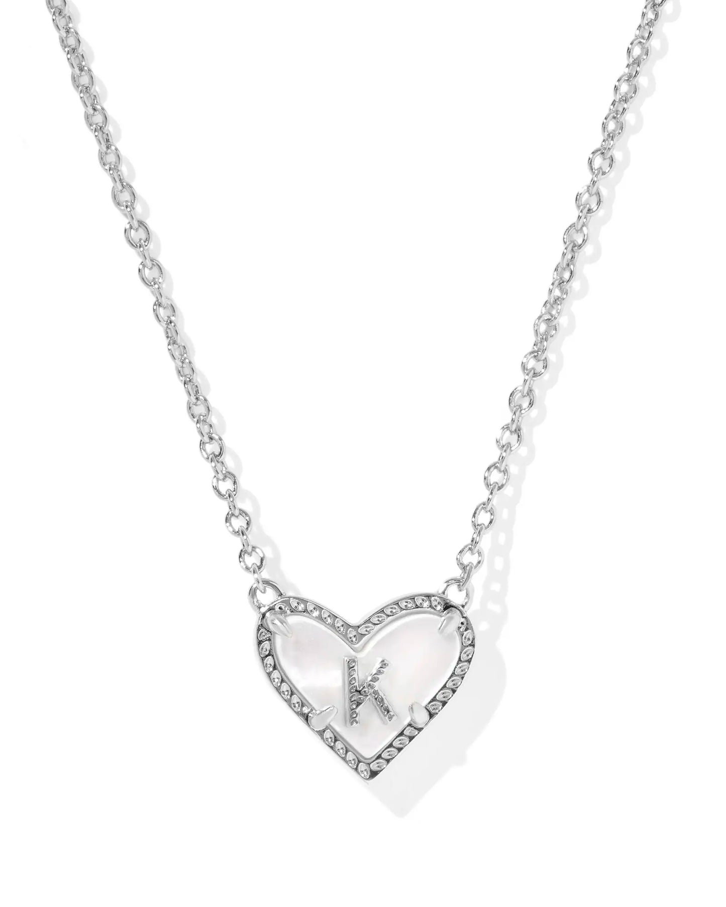 Kendra Scott Heart Letter K Short Pendant Necklace Silver Ivory Mother Of Pearl-Necklaces-Kendra Scott-08/21/25,N01134RHD-The Twisted Chandelier