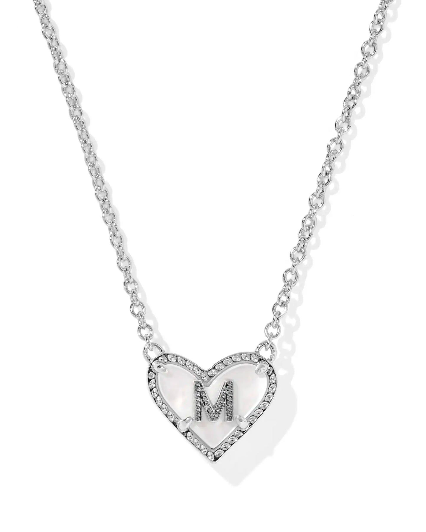 Kendra Scott Heart Letter M Short Pendant Necklace Silver Ivory Mother Of Pearl-Necklaces-Kendra Scott-08/21/25,N01138RHD-The Twisted Chandelier