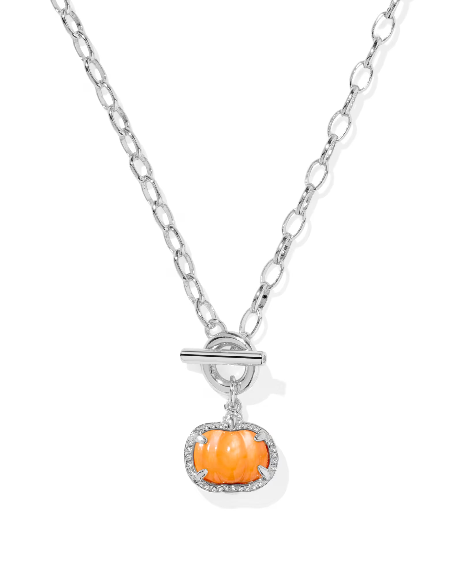 Kendra Scott Pumpkin Link And Chain Necklace Silver Orange Mother Of Pearl-Necklaces-Kendra Scott-N01229RHD-The Twisted Chandelier