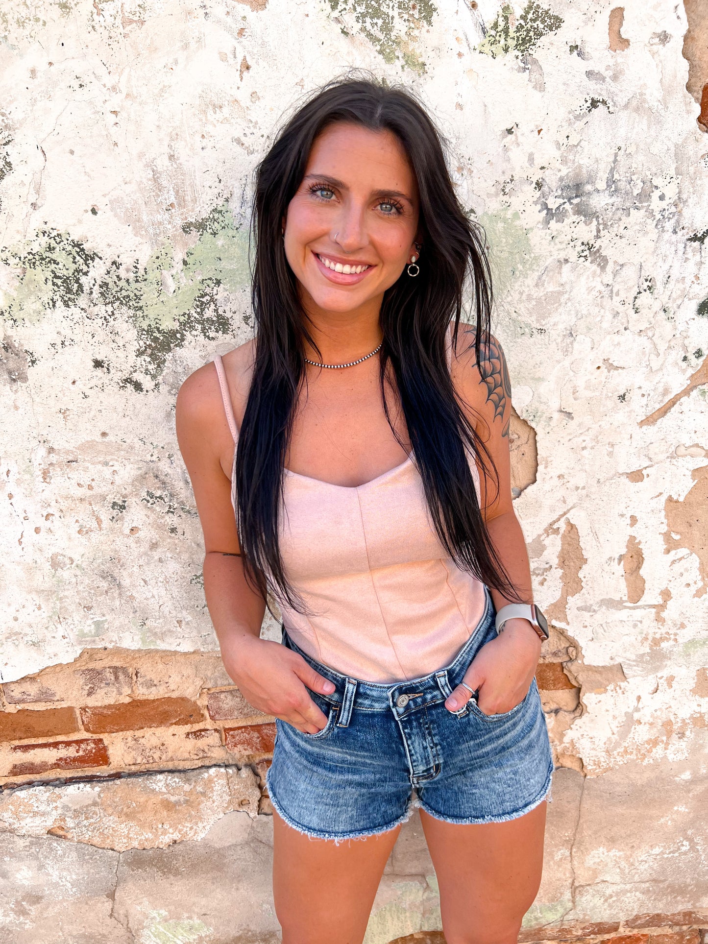 Clara Faux Suede Basic Cami Bodysuit - Blush-Bodysuit-ShopIrisBasic-$25 & Under Sale,04/21/25,05/15/24,1st md,IT91778-A(Bodysuits),Tops Collection-The Twisted Chandelier