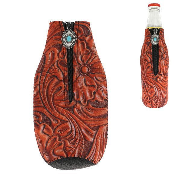 Brown Tooled Leather Print & Flower Concho Zipper Charm Bottle Drink Sleeve-Drink Sleeves-Something Special LA-The Twisted Chandelier