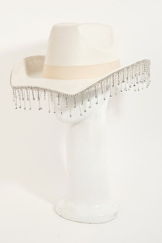 Silver Rhinestone Fringe Cowboy Hat - Ivory-Hats-Fame Accessories-MMT8911,western & concert-The Twisted Chandelier