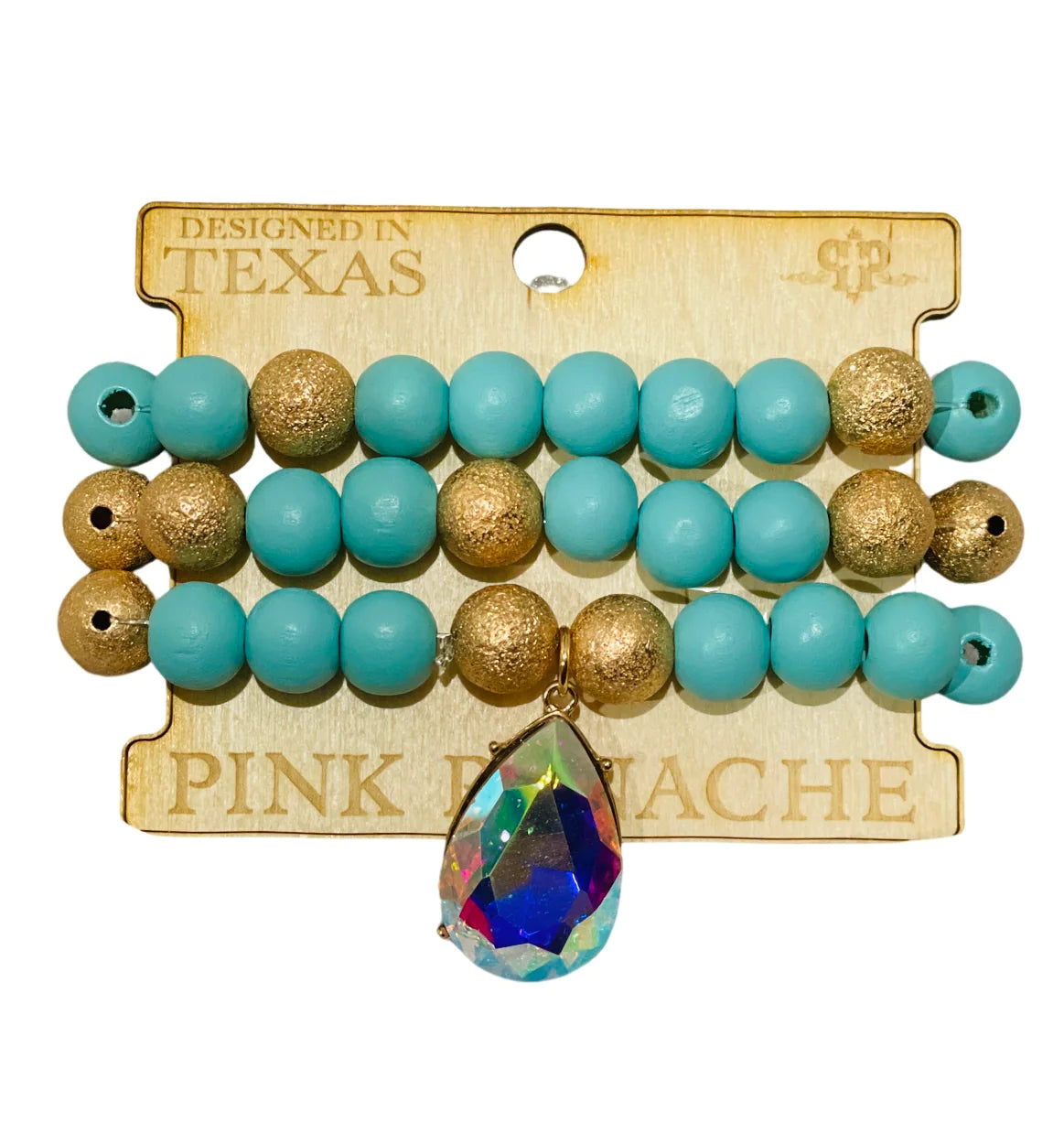 Pink Panache 3-Strand Turquoise Wood and Gold Bead Bracelet with Large AB Teardrop Charm-Bracelet-Pink Panache-The Twisted Chandelier