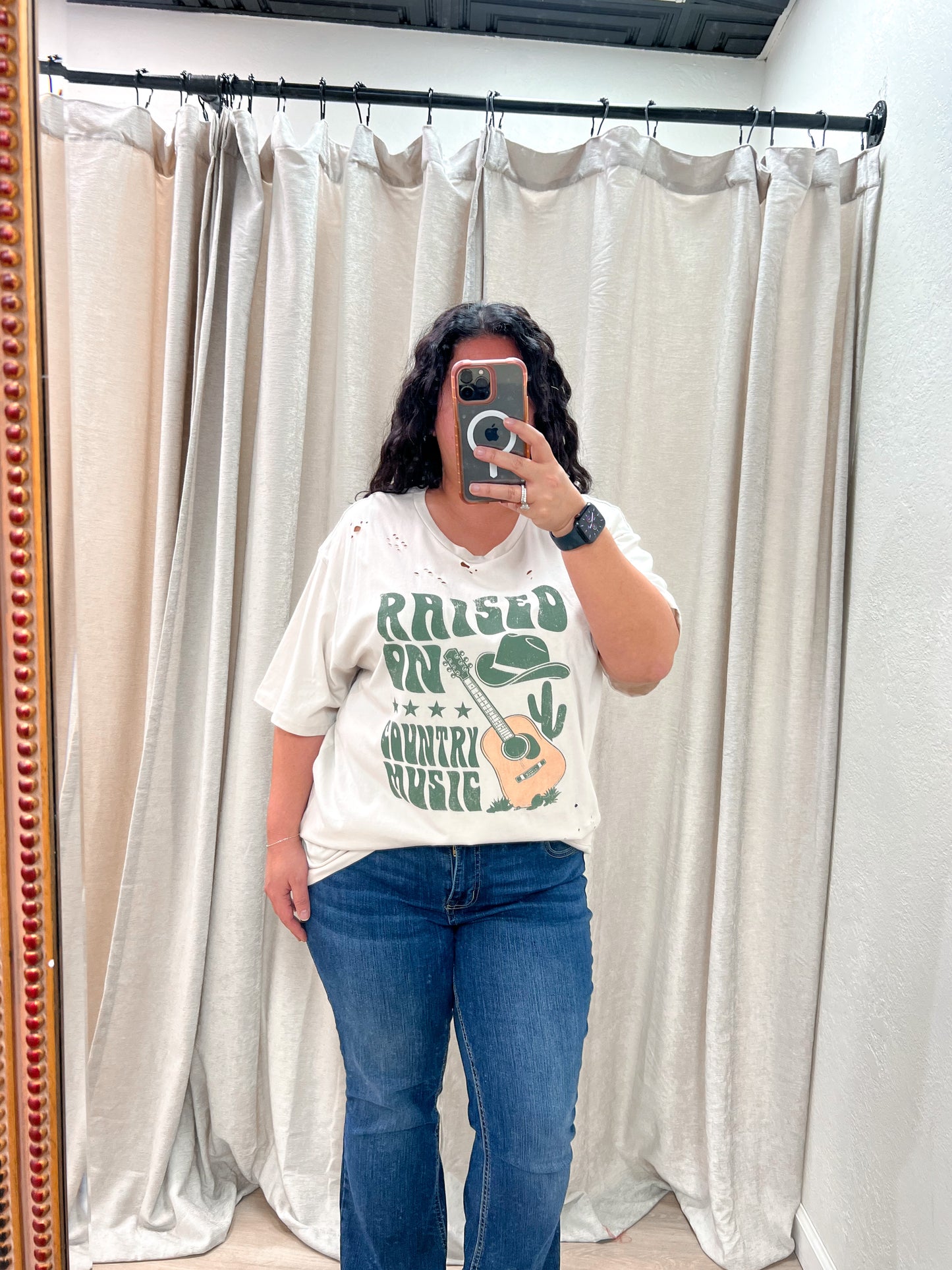 Raised on Country Music Distressed Rocker Tee - Plus-Rocker Tee-Zutter-05/25/24,1st md,88525-1992,FAVES,Max Retail,SH13535,Tops Collection,western & concert-The Twisted Chandelier