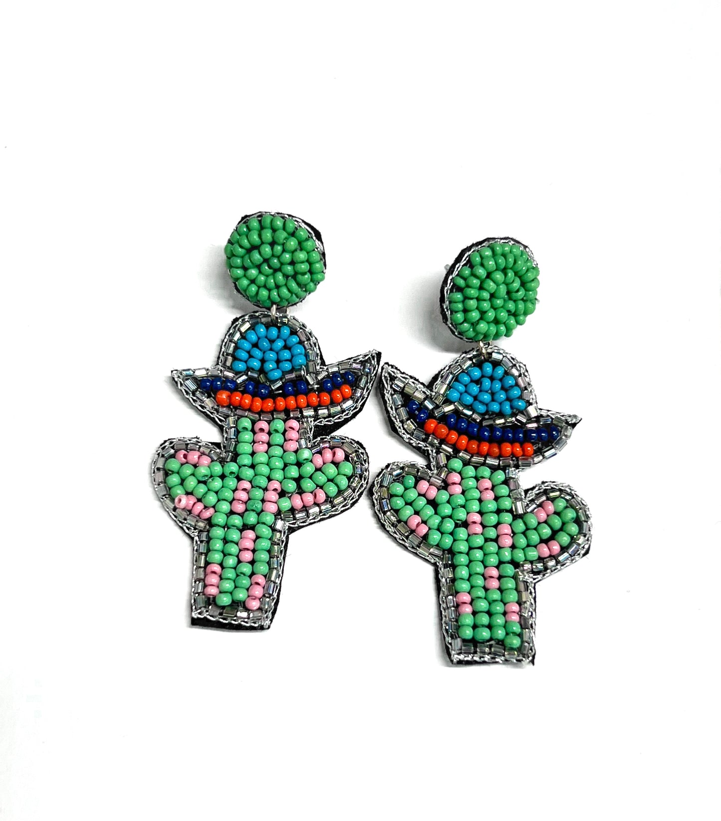 Seed Bead Cactus with Hat On Round Post Green Earrings-Earrings-806 Accessories-The Twisted Chandelier