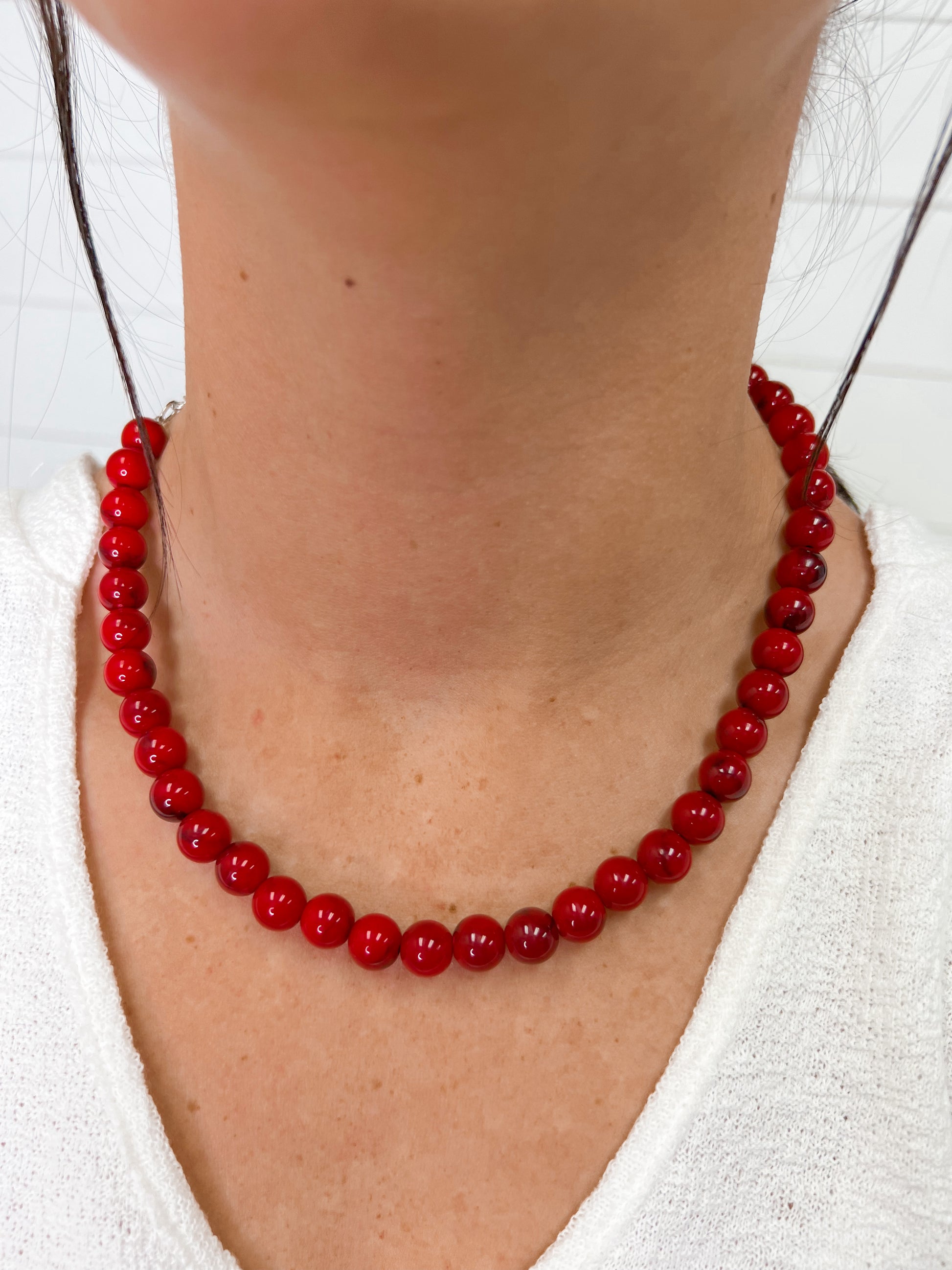 15" Red Round Bead Necklace-Necklace-Isac Trading-734332,FEB2022-The Twisted Chandelier