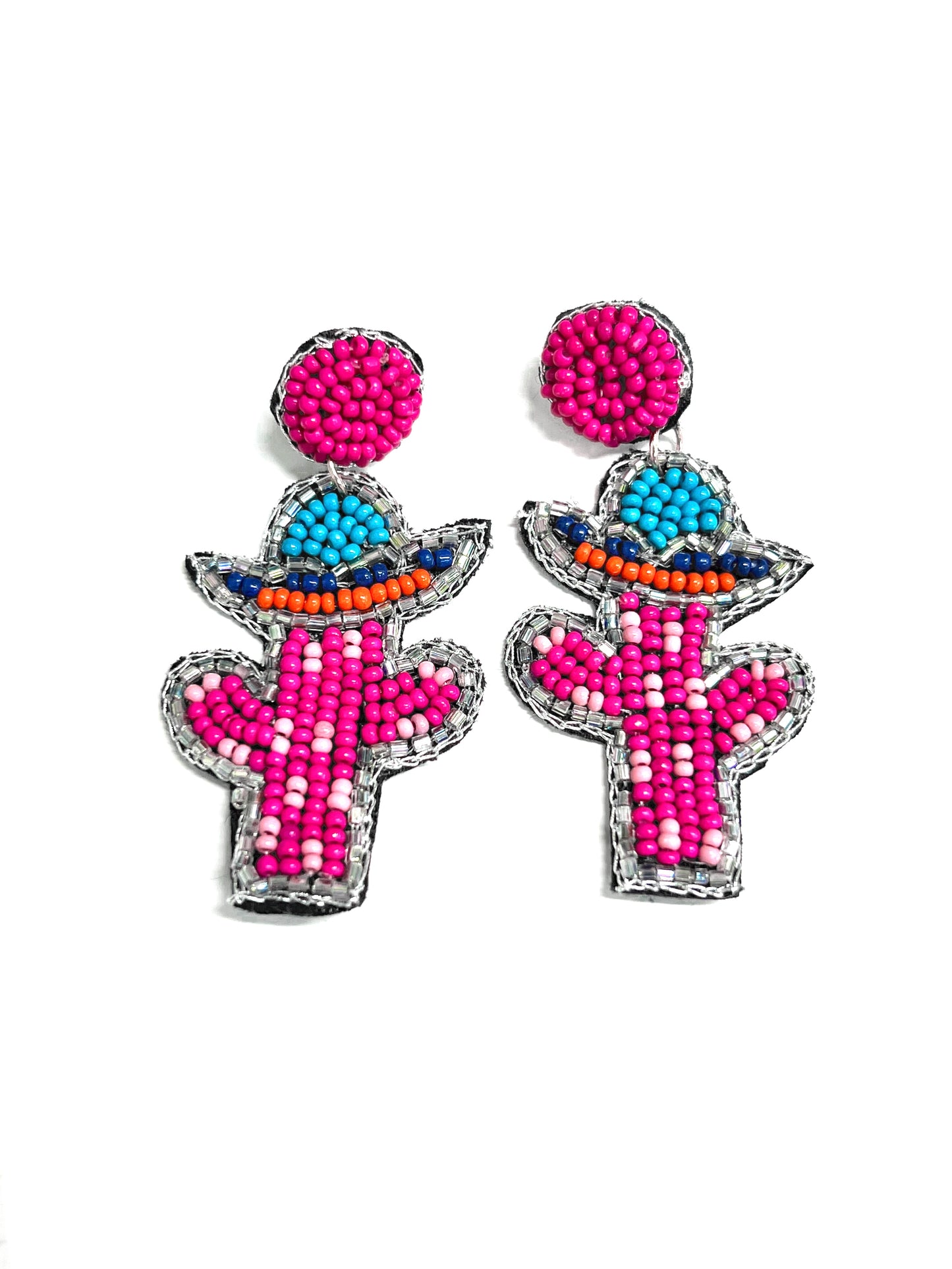 Seed Bead Cactus with Hat On Round Post Pink Earrings-Earrings-806 Accessories-The Twisted Chandelier