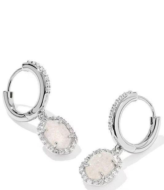 Kendra Scott Daphne Crystal Frame Huggie Earrings Silver Iridescent Drusy