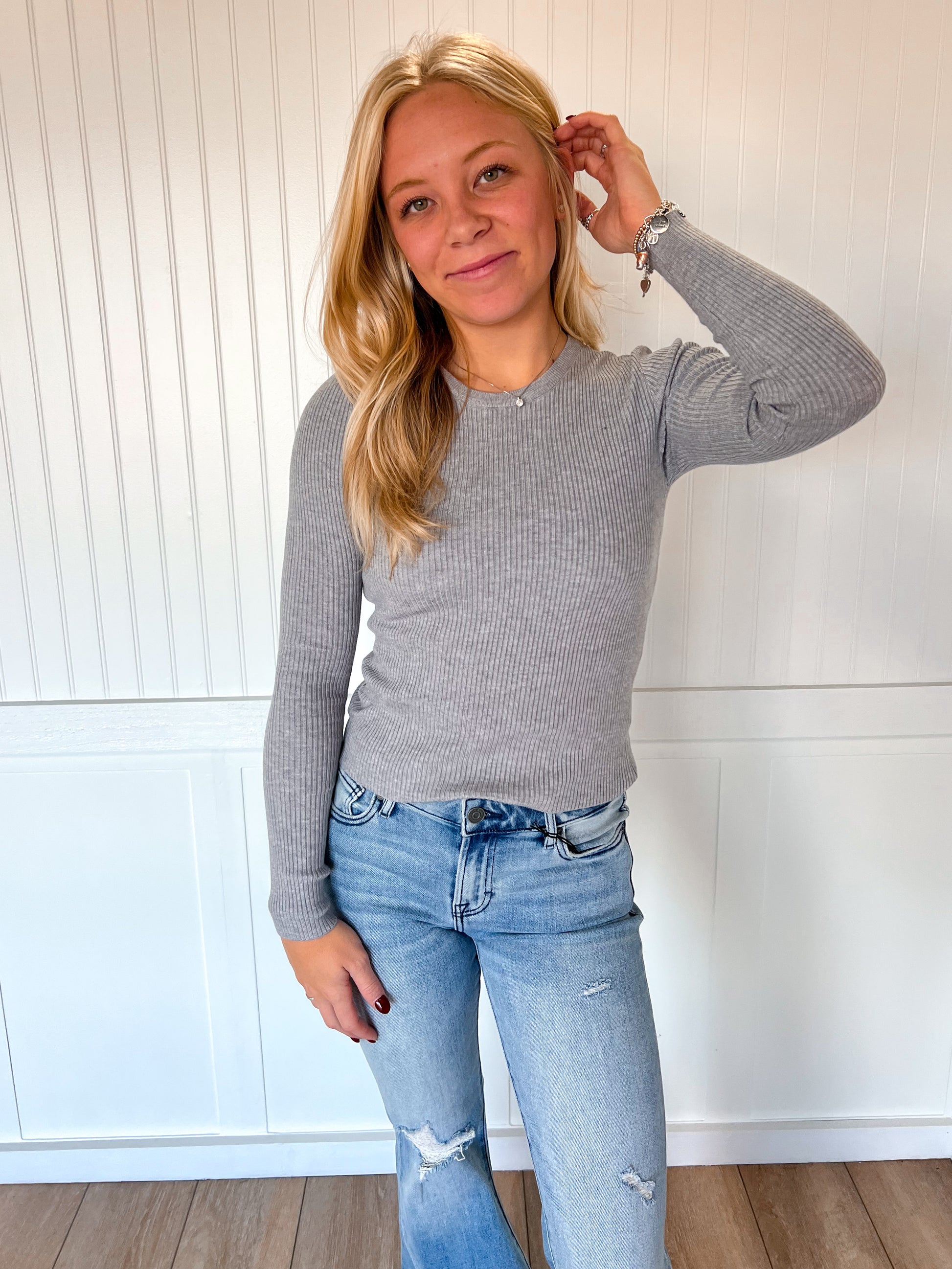 Coraline Long Sleeve Crew Neck Viscose Rib Sweater - Heather Grey-Active Basic | Active USA-The Twisted Chandelier