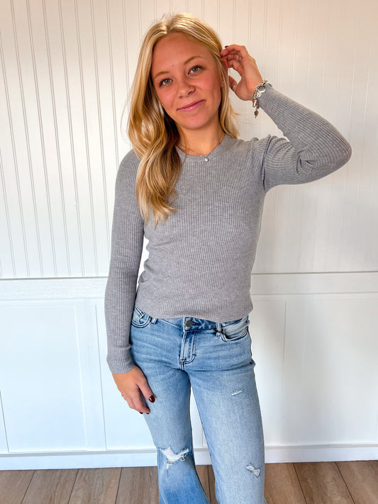 Coraline Long Sleeve Crew Neck Viscose Rib Sweater - Heather Grey-Active Basic | Active USA-The Twisted Chandelier