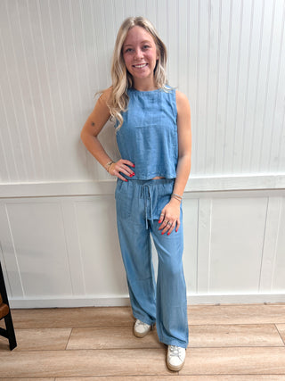 Hadley Chambray Drawstring Wide Leg Lounge Pants-Pants-Blu Pepper-bottoms,CR2967,FD 03/12/26,RWB-The Twisted Chandelier