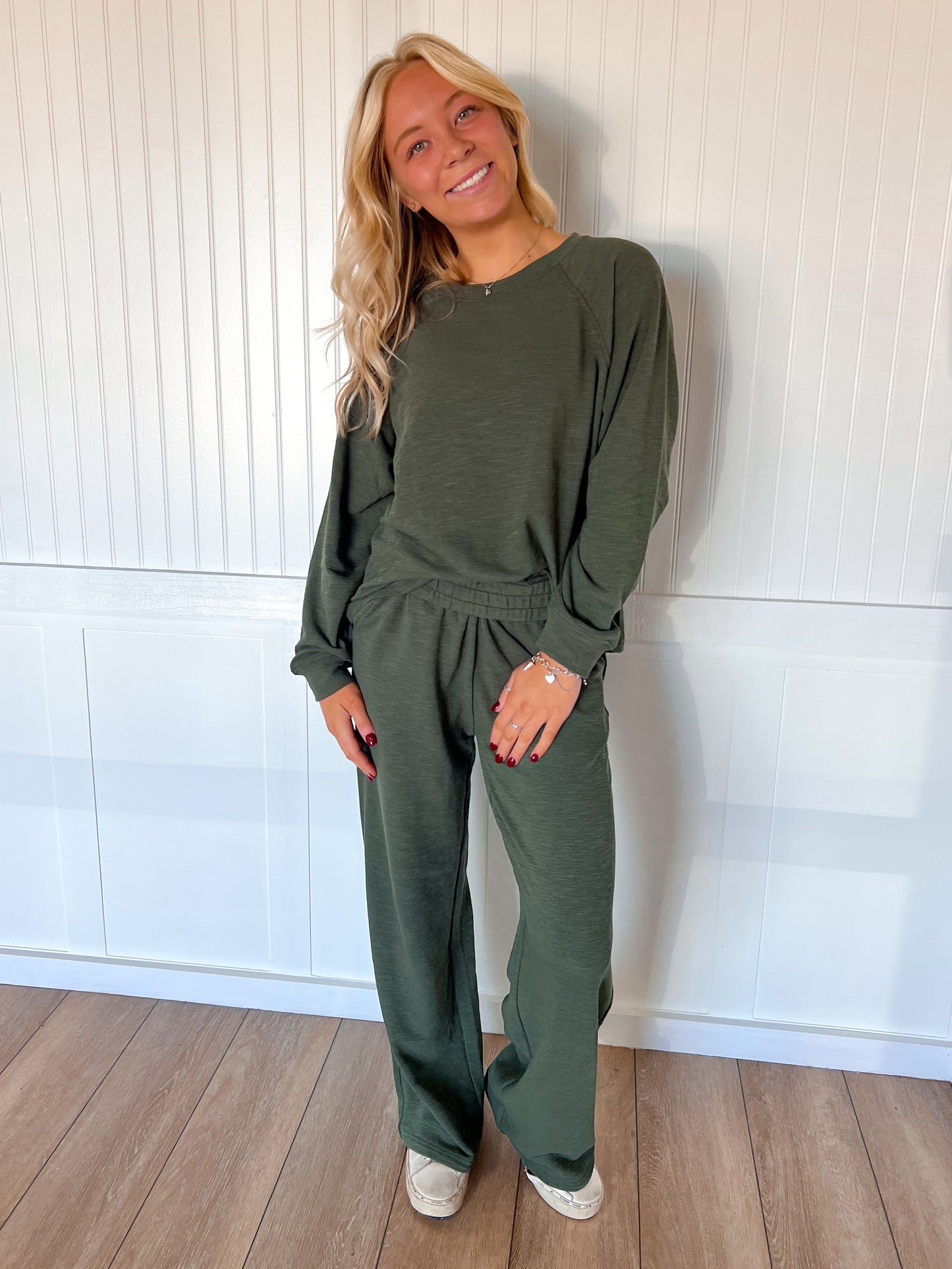 Sally Long Sleeve Top and Pant Set - Dark Olive-Zenana-The Twisted Chandelier
