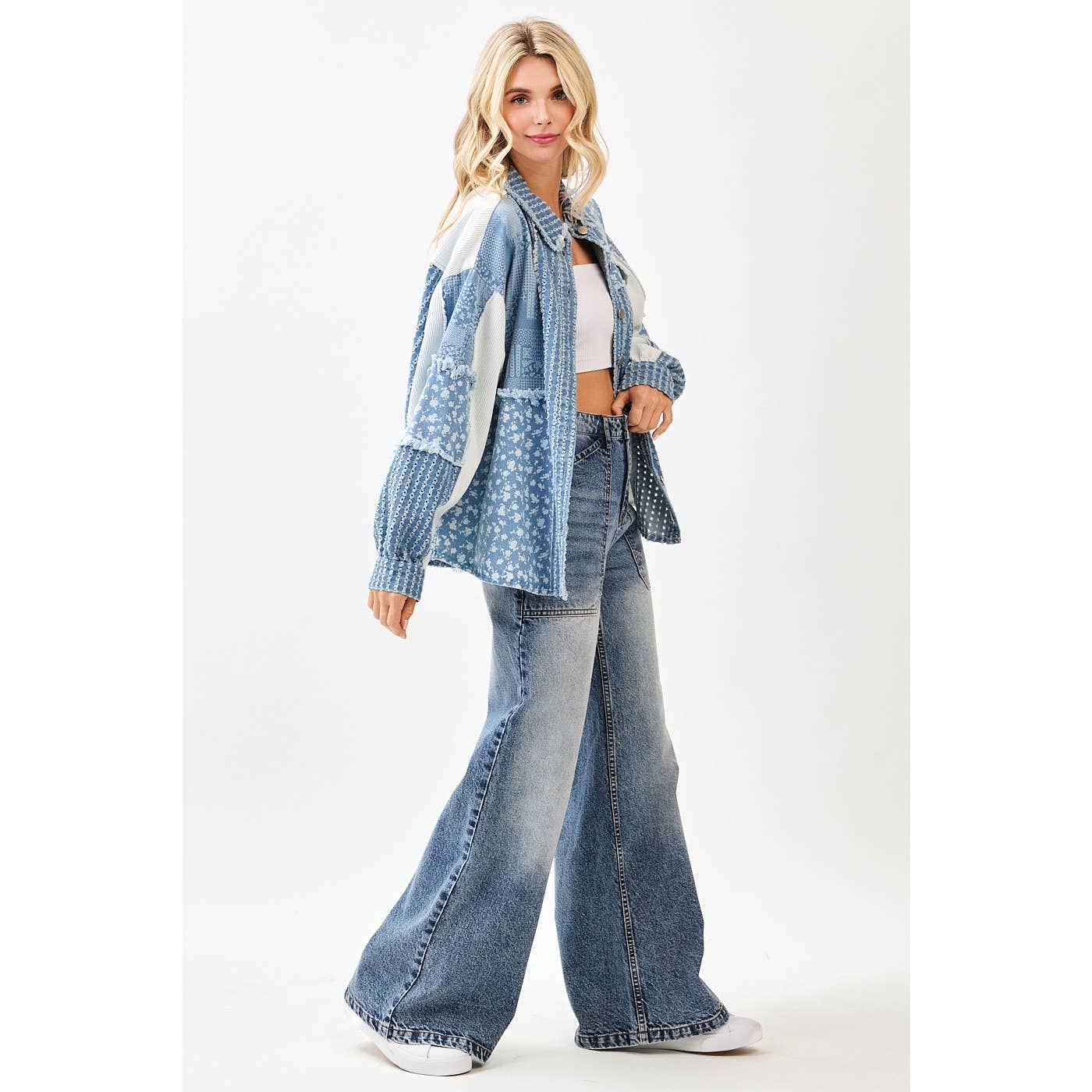 Lizzie Patchwork Mix Media Print Oversized Denim Shacket-mittoshop-The Twisted Chandelier