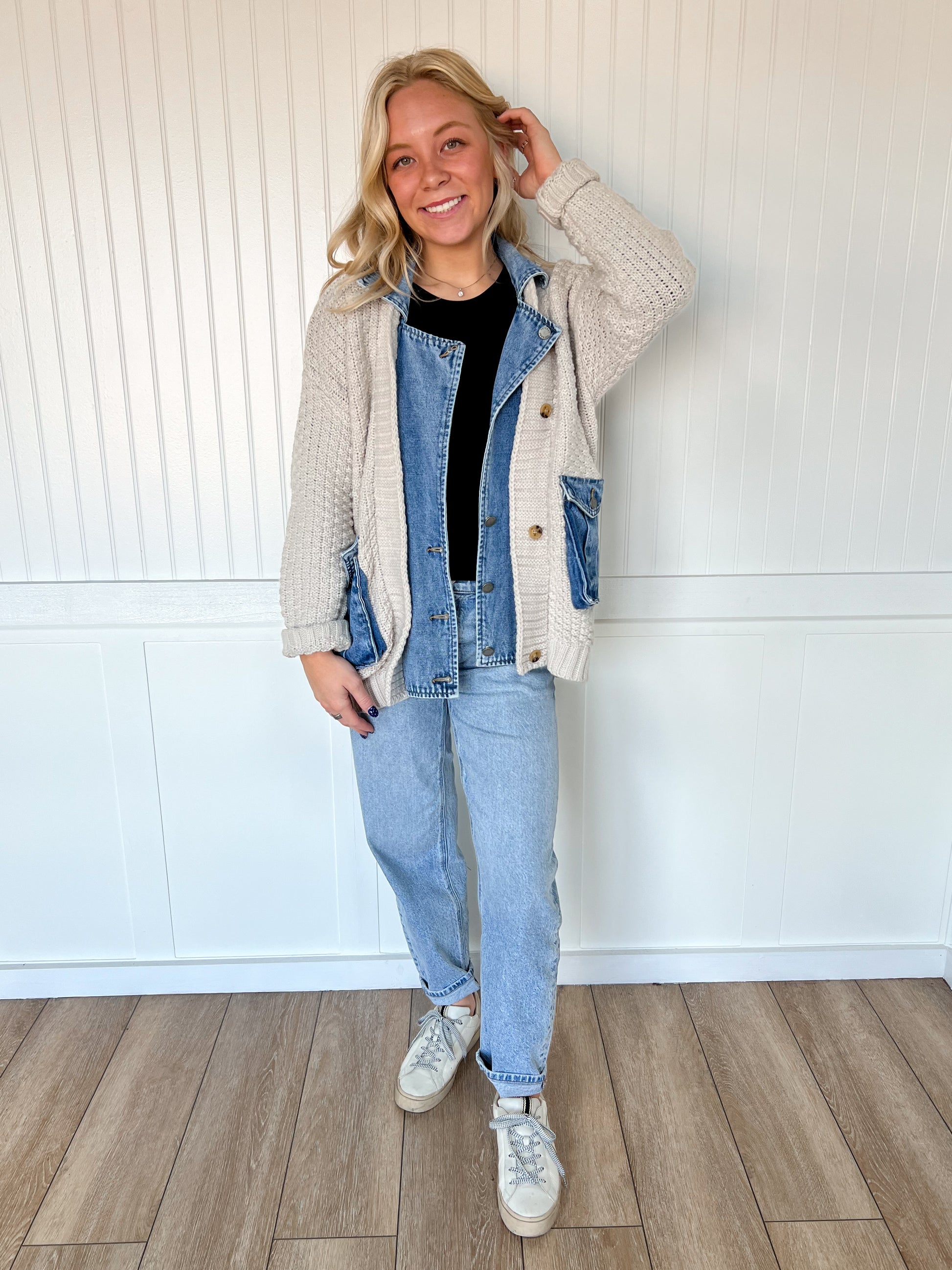 Adeline Knit Body Denim Layerd Jacket-Veveret-FD 12/22/25,Tops Collection-The Twisted Chandelier