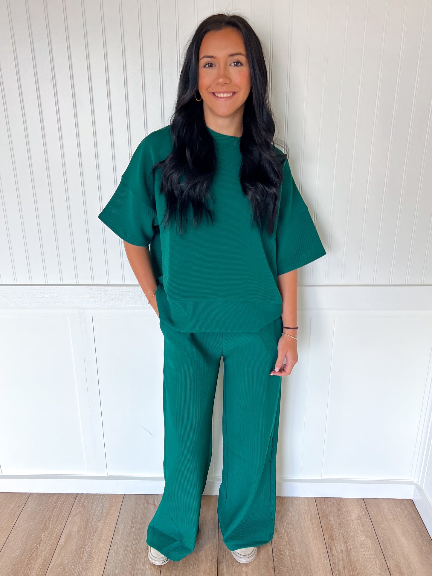Jovie Ribbed Round Neck Tee & Pants Set – Soft Knit Two-Piece Lounge Outfit - Hunter Green-Outfit Sets-Zenana-FD 11/6/25-The Twisted Chandelier