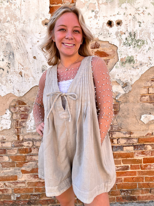 Jesse Pleated V Neck Denim Romper | Taupe-Romper-Veveret-Bin d5,DJR,FD 03/18/25-The Twisted Chandelier