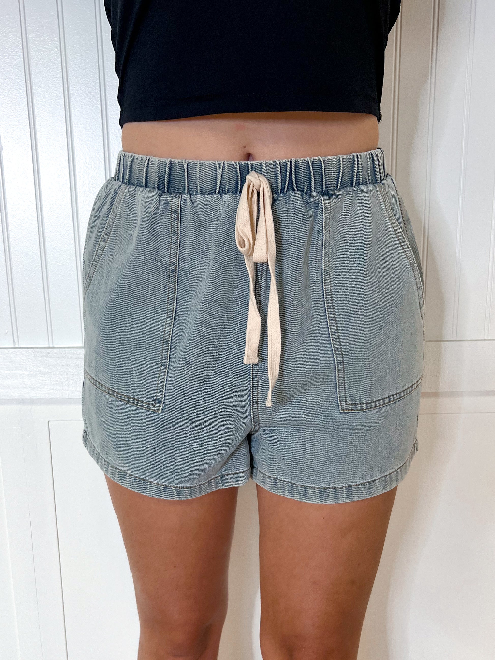 Brenda Washed Denim Shorts with Elastic Waist Band-She & Sky-06/30/25,1st md,Bin C5,bottoms,FD 06/03/25,OGP 49.99,Shorts,SY8960-The Twisted Chandelier