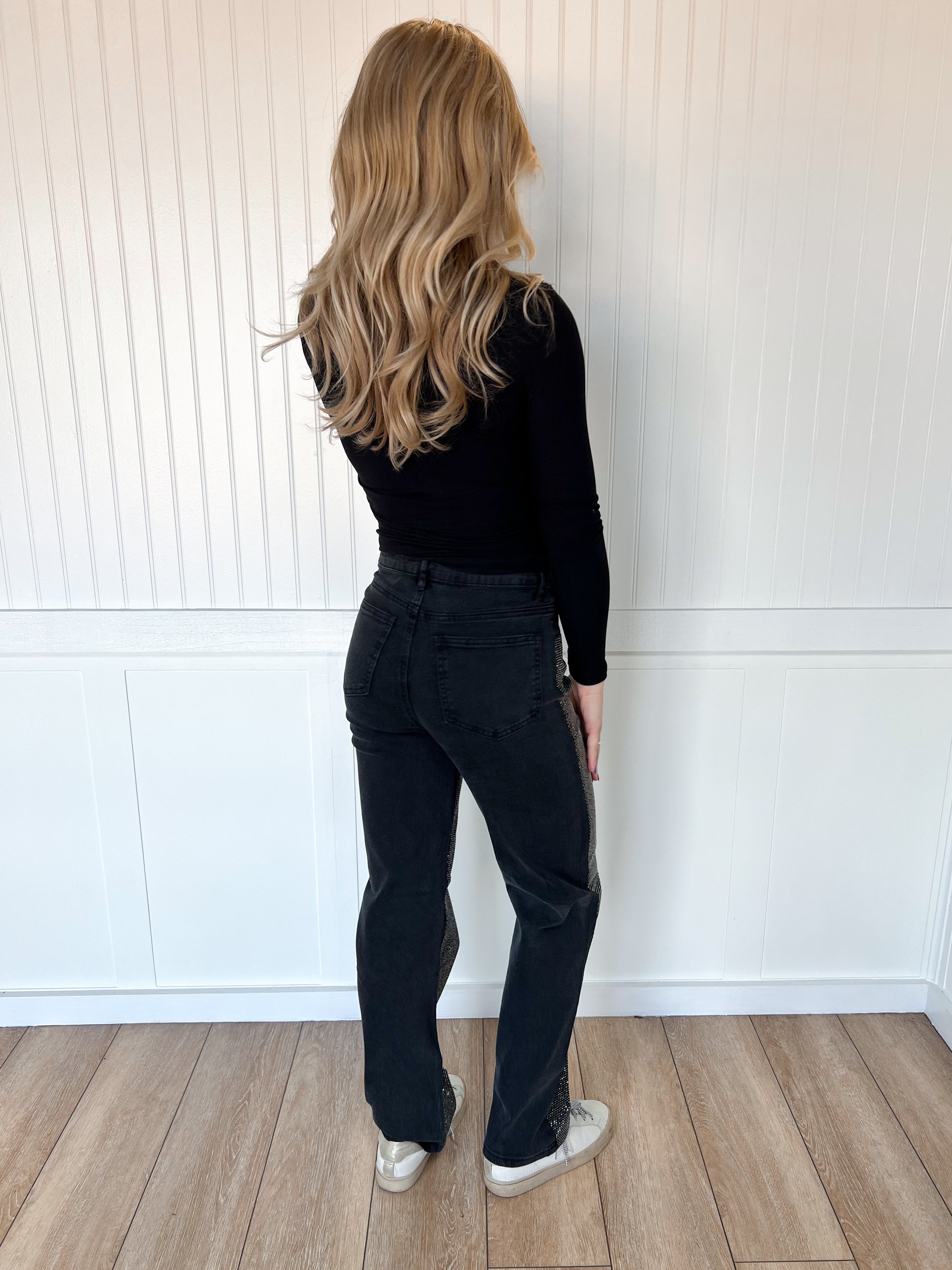 Ida High Rise Rhinestone Studded Black Denim Jeans-Denim-blue b.-bottoms,Max Retail,OGP 69.99,western & concert-The Twisted Chandelier