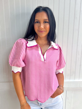 Caroline Gingham Short Puff Sleeve Top