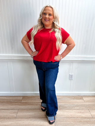 Addie Slub Cuffed Sleeve Tee - Plus - Ruby-Top-ZENANA-FD 08/05/26,Tops Collection-The Twisted Chandelier