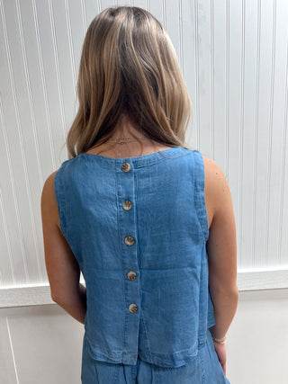 Hadley Back Button Sleeveless Chambray Top-Shirts & Tops-Blu Pepper-CR2967,FD 03/12/26,RWB,Tops Collection-The Twisted Chandelier