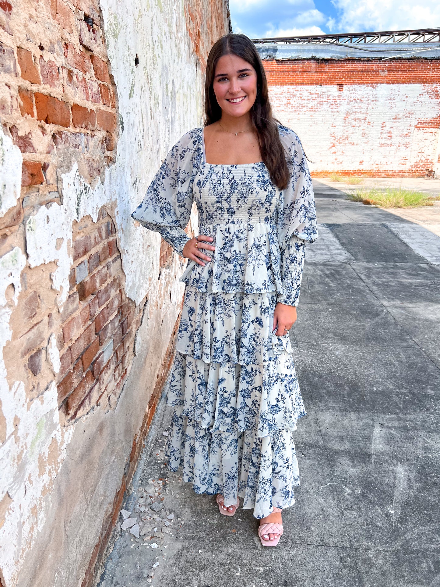 Josephine Floral China Print Long Sleeve Tiered Maxi Dress-Maxi Dress-Entro-BIN A5, CR 08/21/24-The Twisted Chandelier