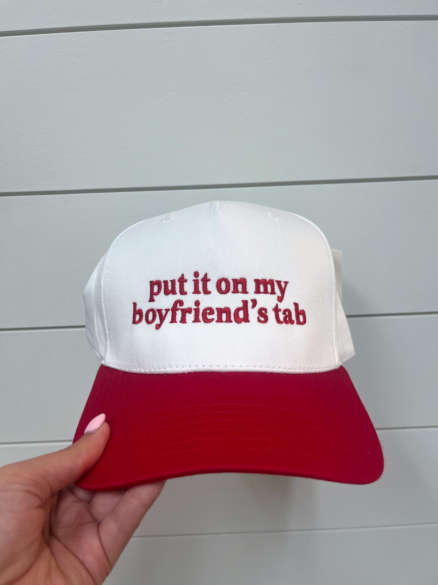 Put It On My Boyfriend's Tab Two-Toned Wholesale Vintage Hat-Katydid-Red and White-The Twisted Chandelier