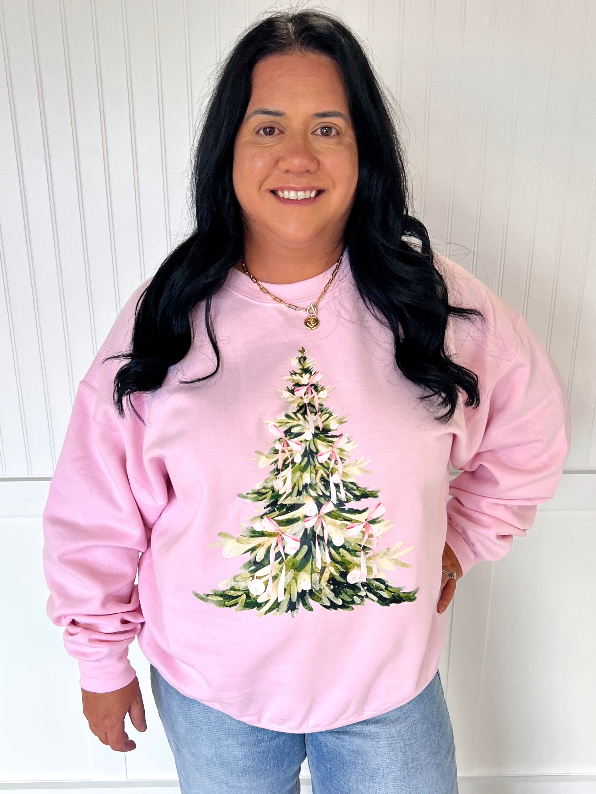 Pink Bow Christmas Tree Sweatshirt-Sweatshirt-Spirit+Tribe-Christmas tote ct1,FD 12/03/24,Tops Collection-The Twisted Chandelier