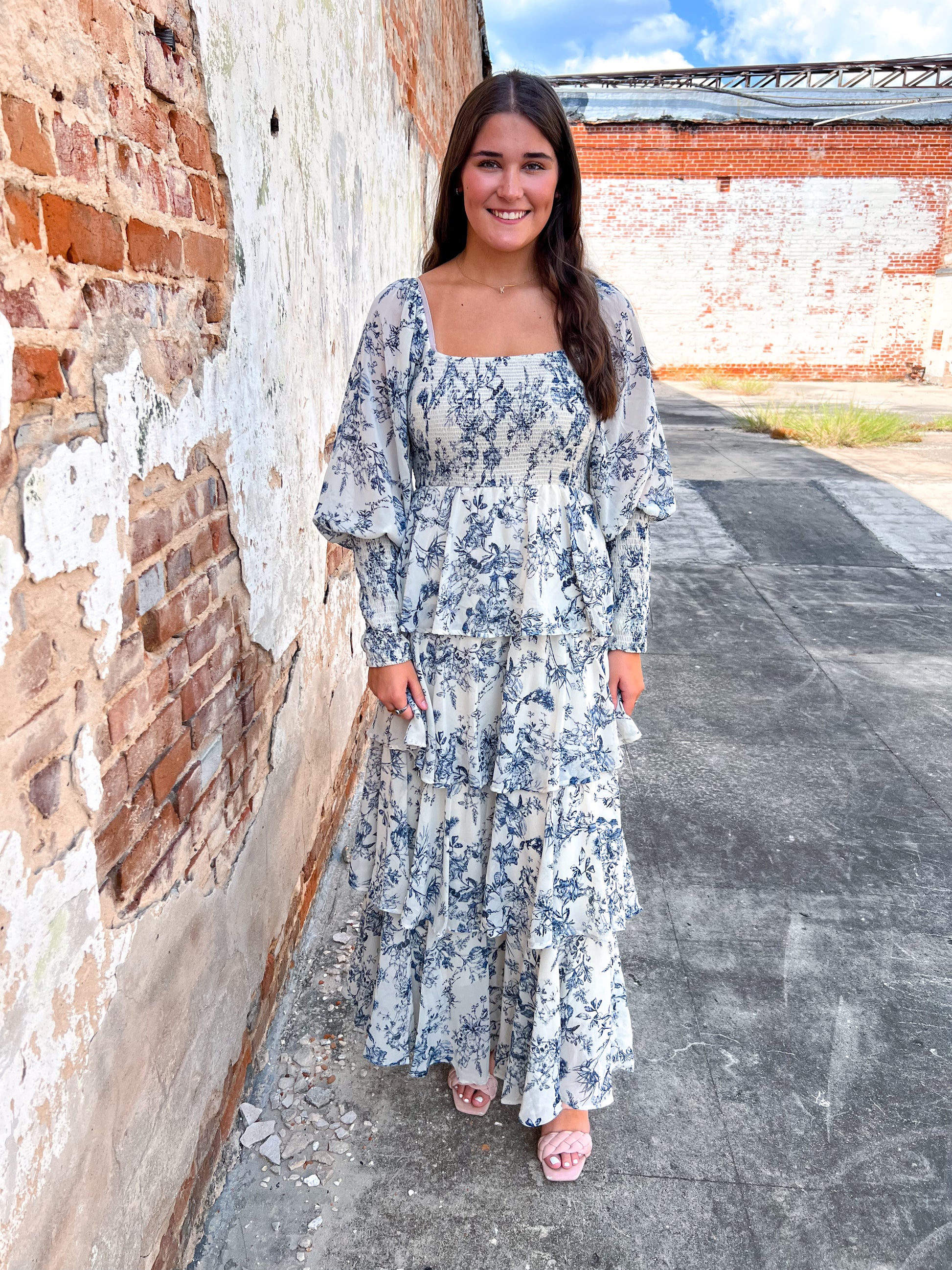 Josephine Floral China Print Long Sleeve Tiered Maxi Dress-Maxi Dress-Entro-BIN A5, CR 08/21/24-The Twisted Chandelier