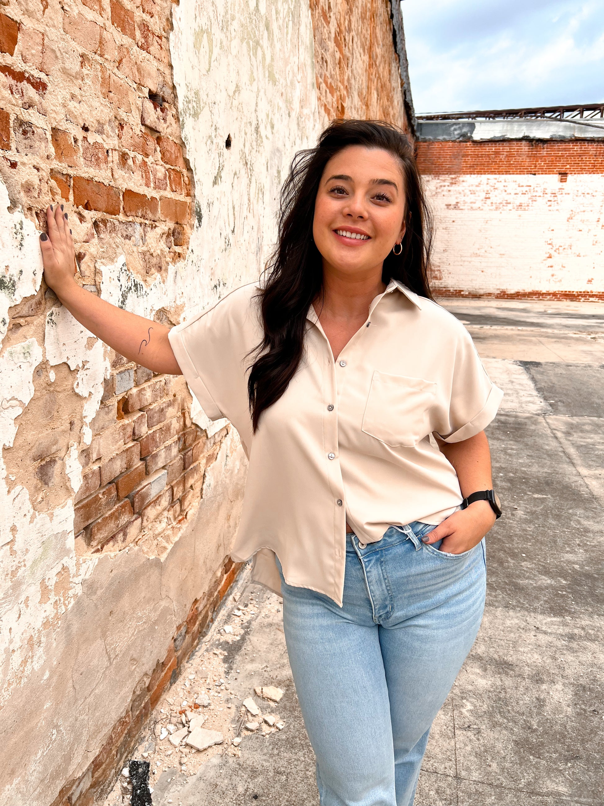 Brooklyn Solid Button Down Collared Top-BLOUSE TOP-Entro--The Twisted Chandelier