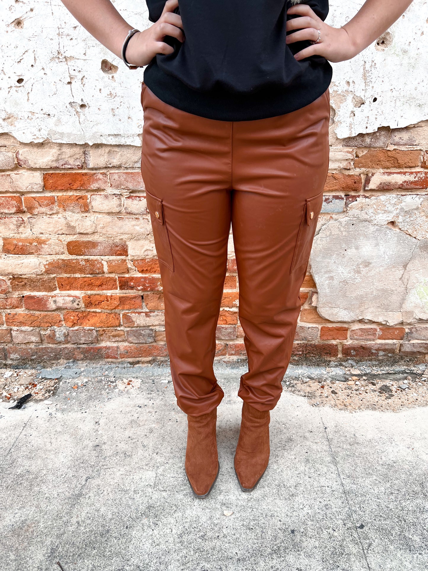 Cindy Faux Leather Joggers - Camel-Pants-ShopIrisBasic-05/15/24, 1st md, HMP40127H(Pants)-The Twisted Chandelier