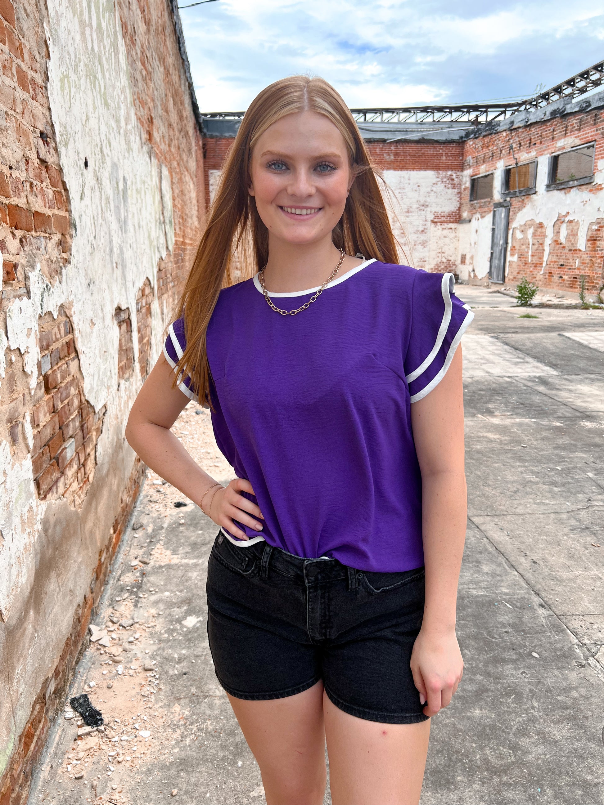 Maria Ruffle Sleeve Contrast Piping Top - Purple-Apparel & Accessories-She & Sky-10/11/24, 1st md, BIN A2, gameday, OGP 39.99, SY6057, Tops Collection-The Twisted Chandelier