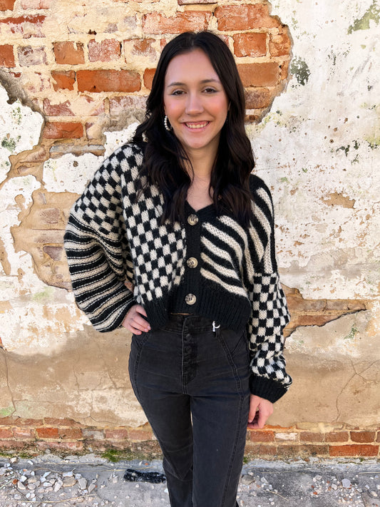 Lola Stripe and Checkered Drop Shoulder Knit Cardigan-Cardigan-Blu Pepper-BIN C4, FD 12/31/24, Tops Collection-The Twisted Chandelier