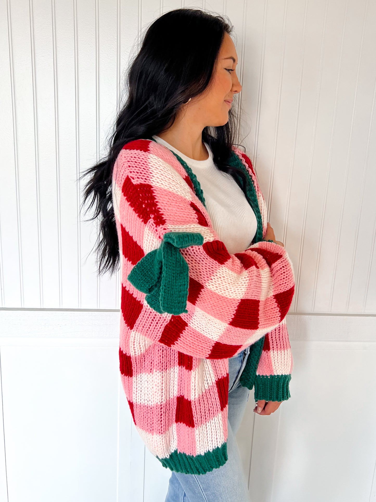 Tinsley Christmas Checkered Open Front Cardigan with Ribbon Sleeve Detail-Cardigan-BiBi-FD 11/6/25-The Twisted Chandelier