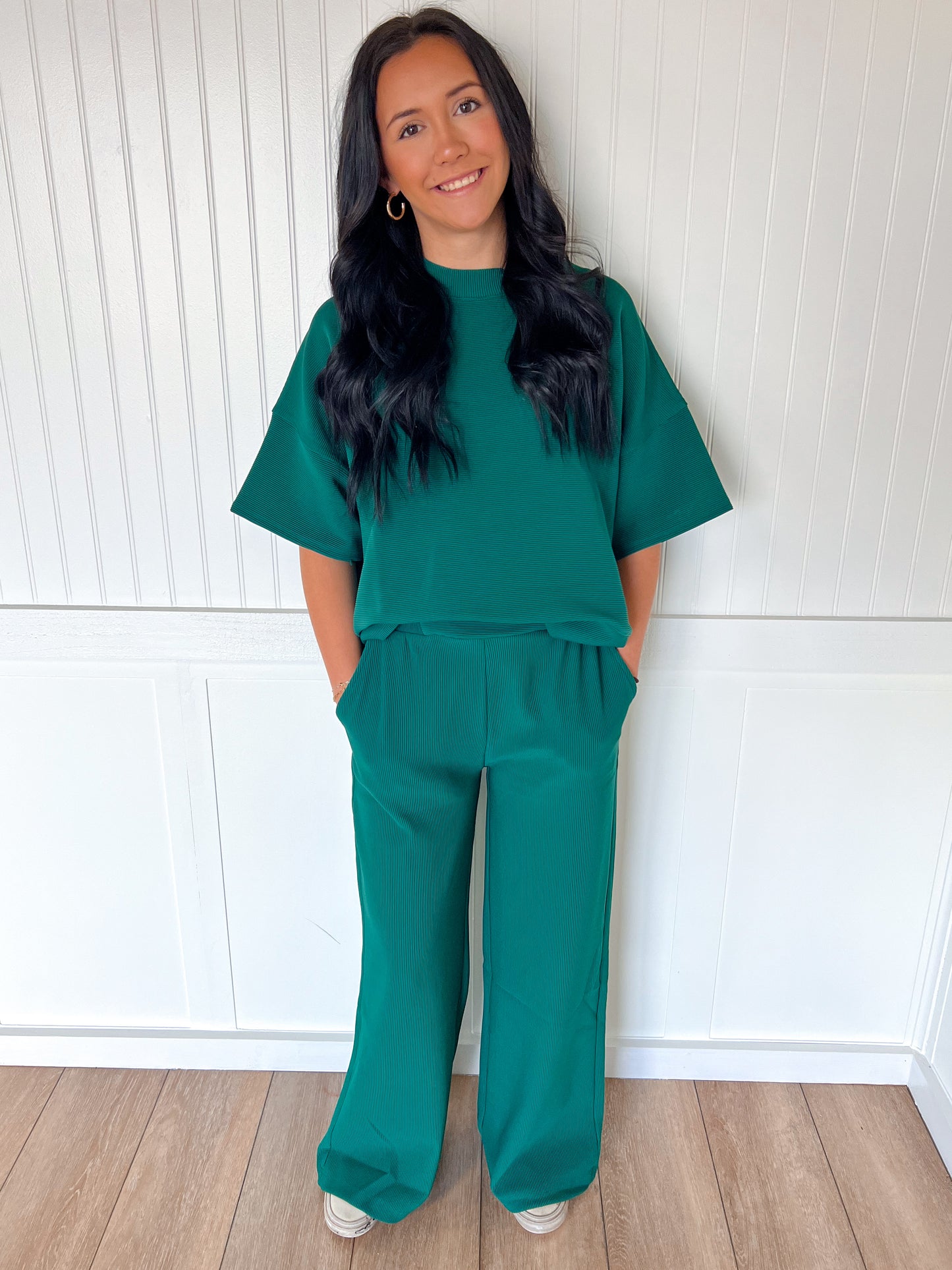Jovie Ribbed Round Neck Tee & Pants Set – Soft Knit Two-Piece Lounge Outfit - Hunter Green-Outfit Sets-Zenana-FD 11/6/25-The Twisted Chandelier