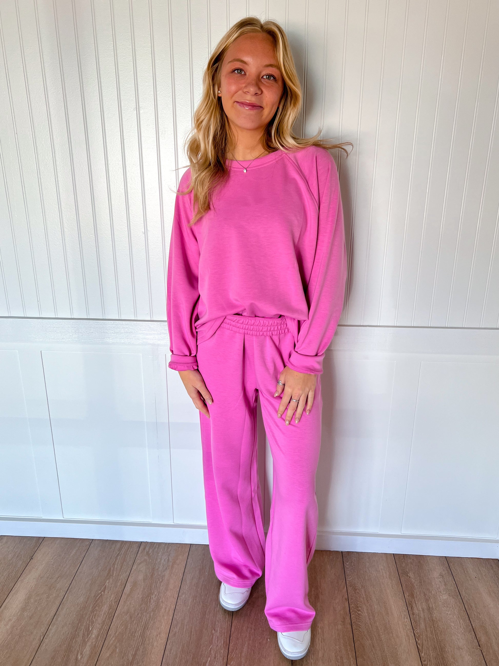 Tessa Scuba Crewneck Pullover & Pants 2-Piece Lounge Set – Soft Stretch Matching Set - Pink-Outfit Sets-Zenana-FD 11/6/25-The Twisted Chandelier