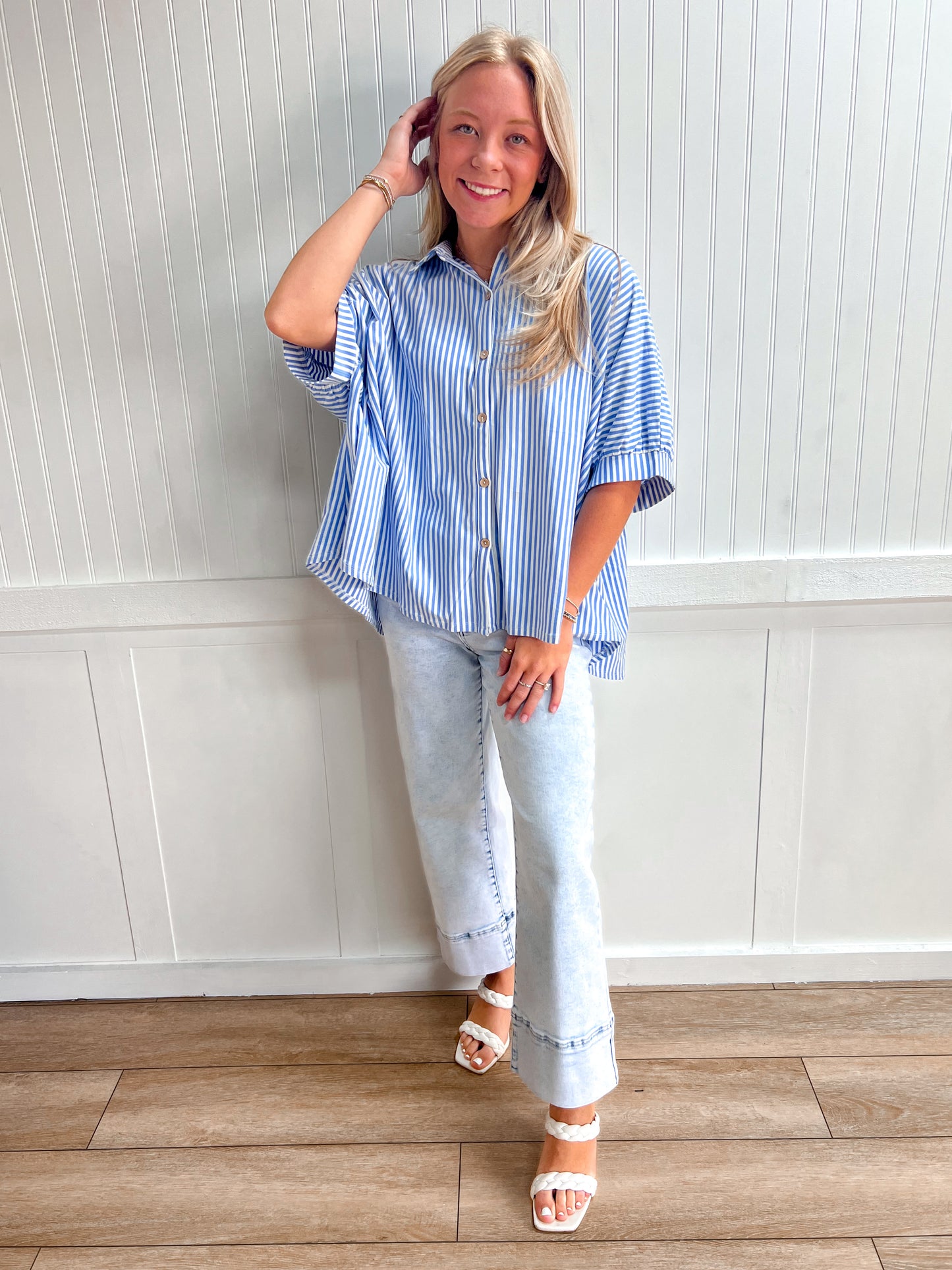 Merritt Oversized Stripe Button-Down Stretch Knit Shirts-Top-Zenana-FD 05/26/26,Tops Collection-The Twisted Chandelier