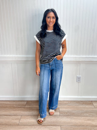 Carly Contrast Trim Cap Sleeve Stripe Tee - Black-Top-Zenana-FD 07/28/26,Tops Collection-The Twisted Chandelier