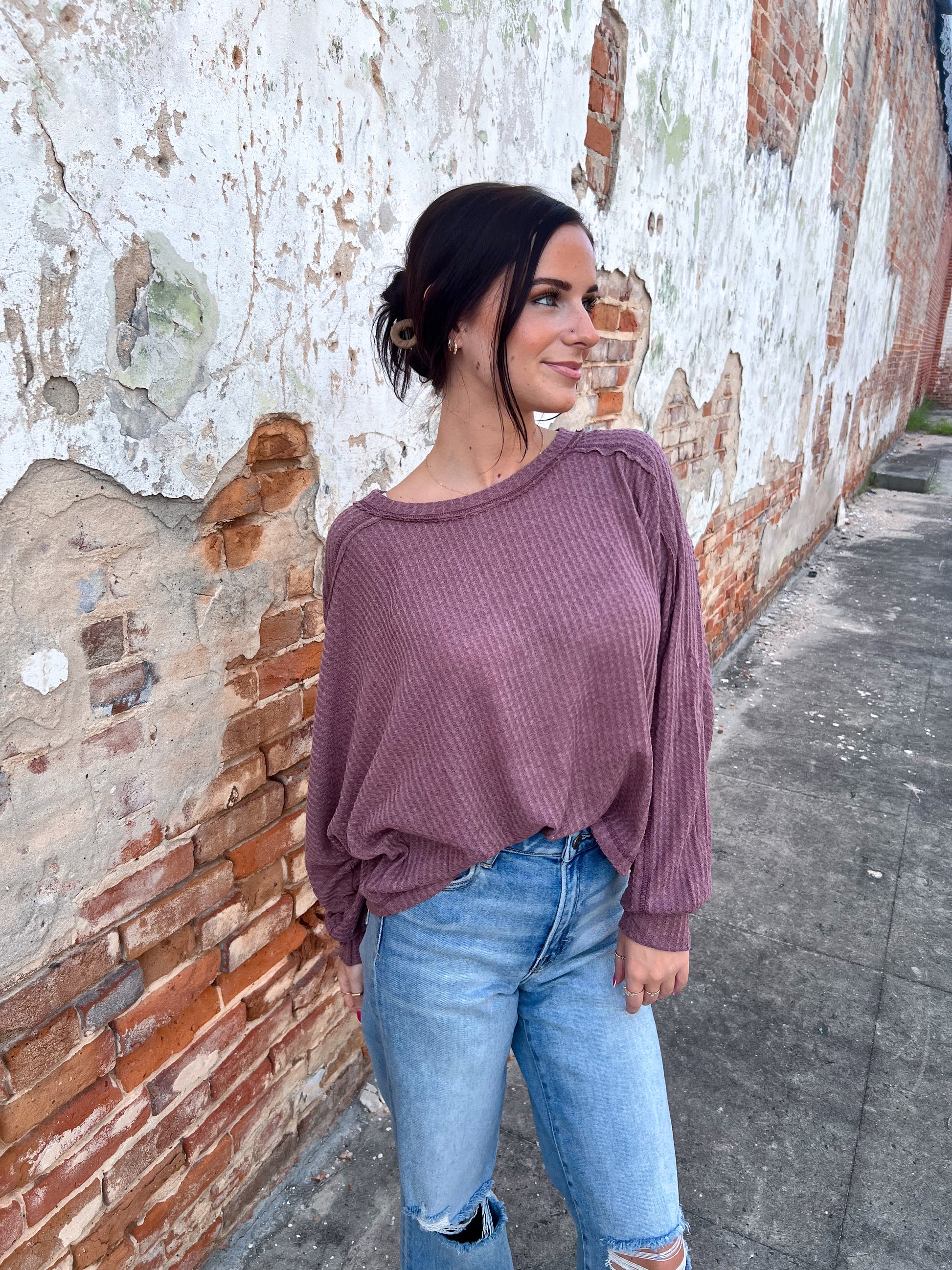 Everly Brushed Waffle Fabric Loose Fit Long Sleeve Top-La Miel-Bin a1,FD 8/5/25,HAT7565,Tops Collection-The Twisted Chandelier