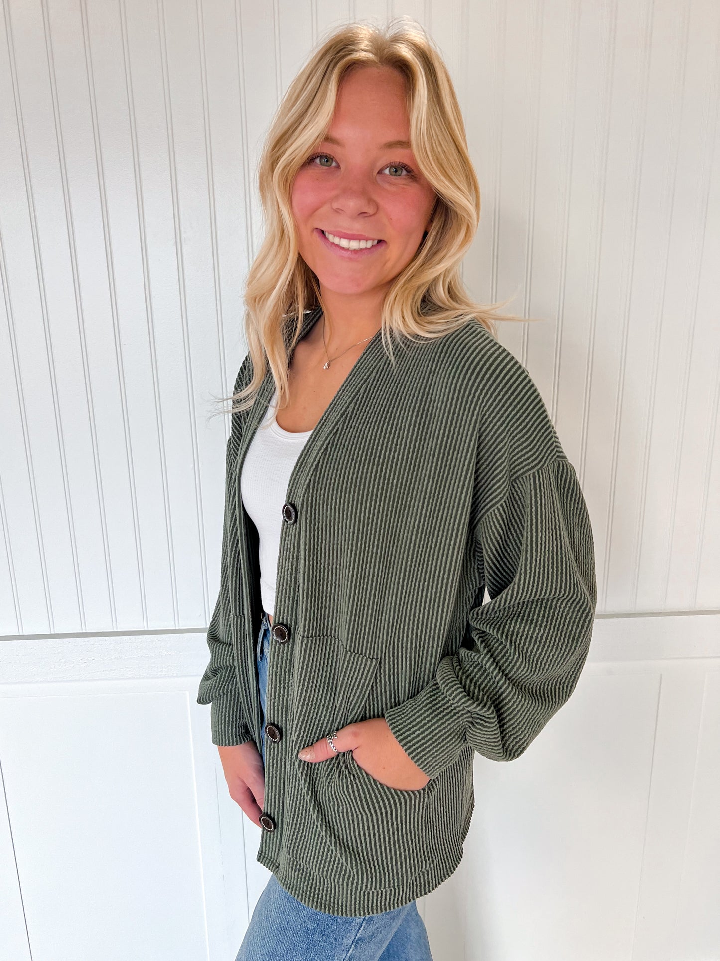 Kate Solid Rib Drop Shoulder Button Balloon Sleeve Cardigan - Olive-7th Ray-BIN A2,FD 09/22/25-The Twisted Chandelier