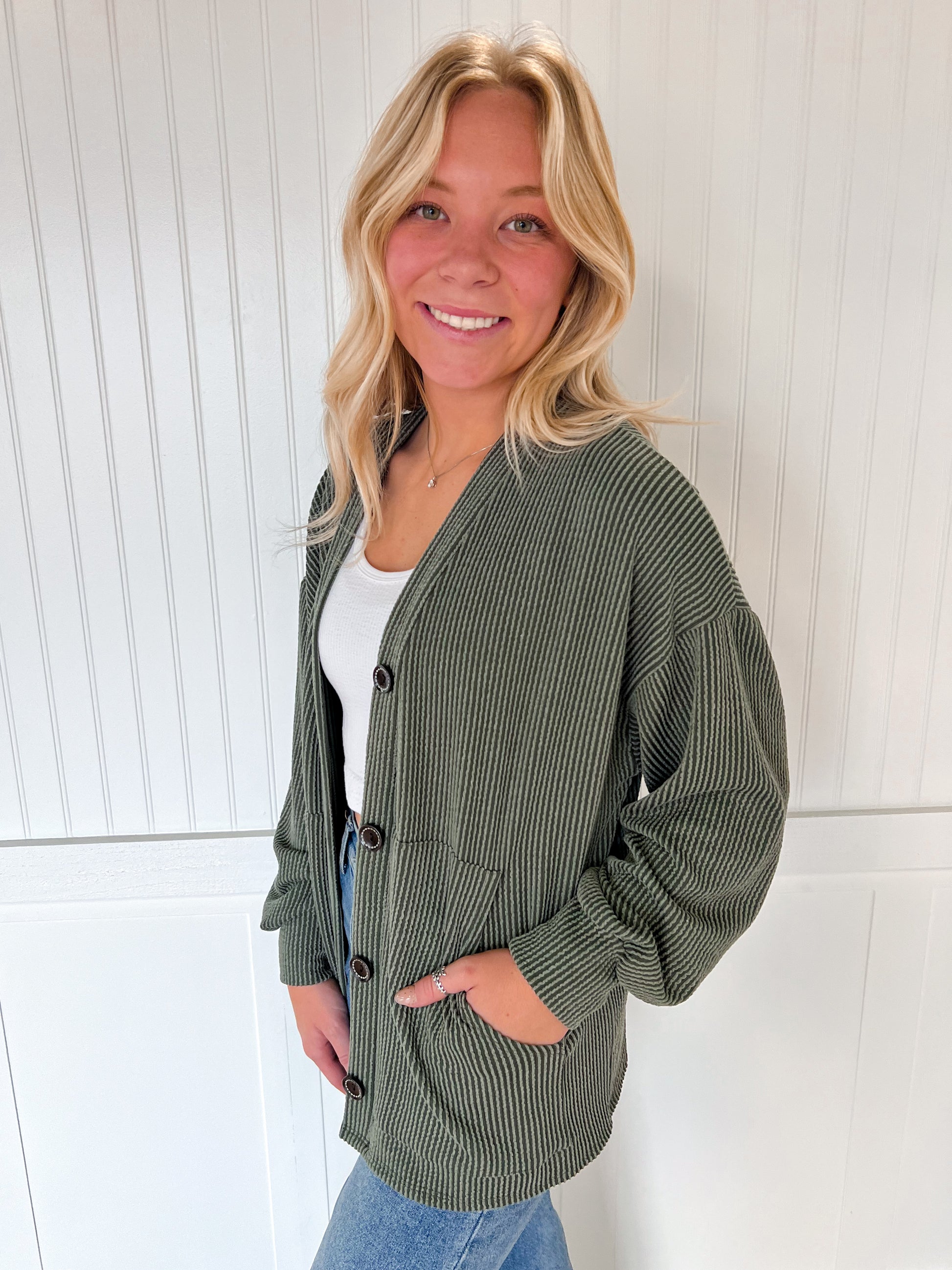 Kate Solid Rib Drop Shoulder Button Balloon Sleeve Cardigan - Olive-7th Ray-BIN A2,FD 09/22/25-The Twisted Chandelier