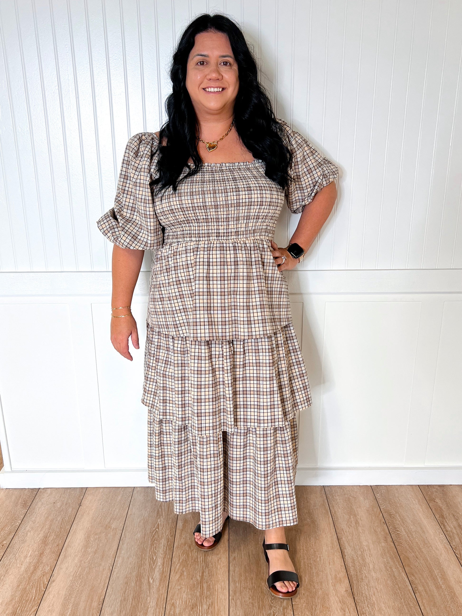Charlotte Crinkled Plaid Smocked Top Midi Dress-Oddi-Bin B3,DJR,OGP 71.99-The Twisted Chandelier