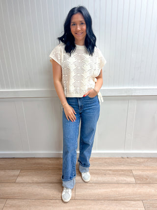 Zara Clip Dot Short Sleeve Side Tie Crochet Sweater-Shirts & Tops-Blu Pepper-FD 03/12/26,Tops Collection-The Twisted Chandelier